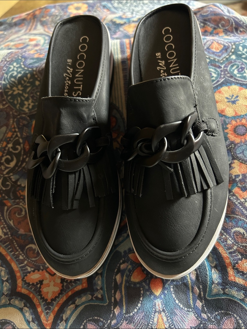 Coconuts by Matisse Black Fringe Slip-On Mules with Chain Detail NWOB